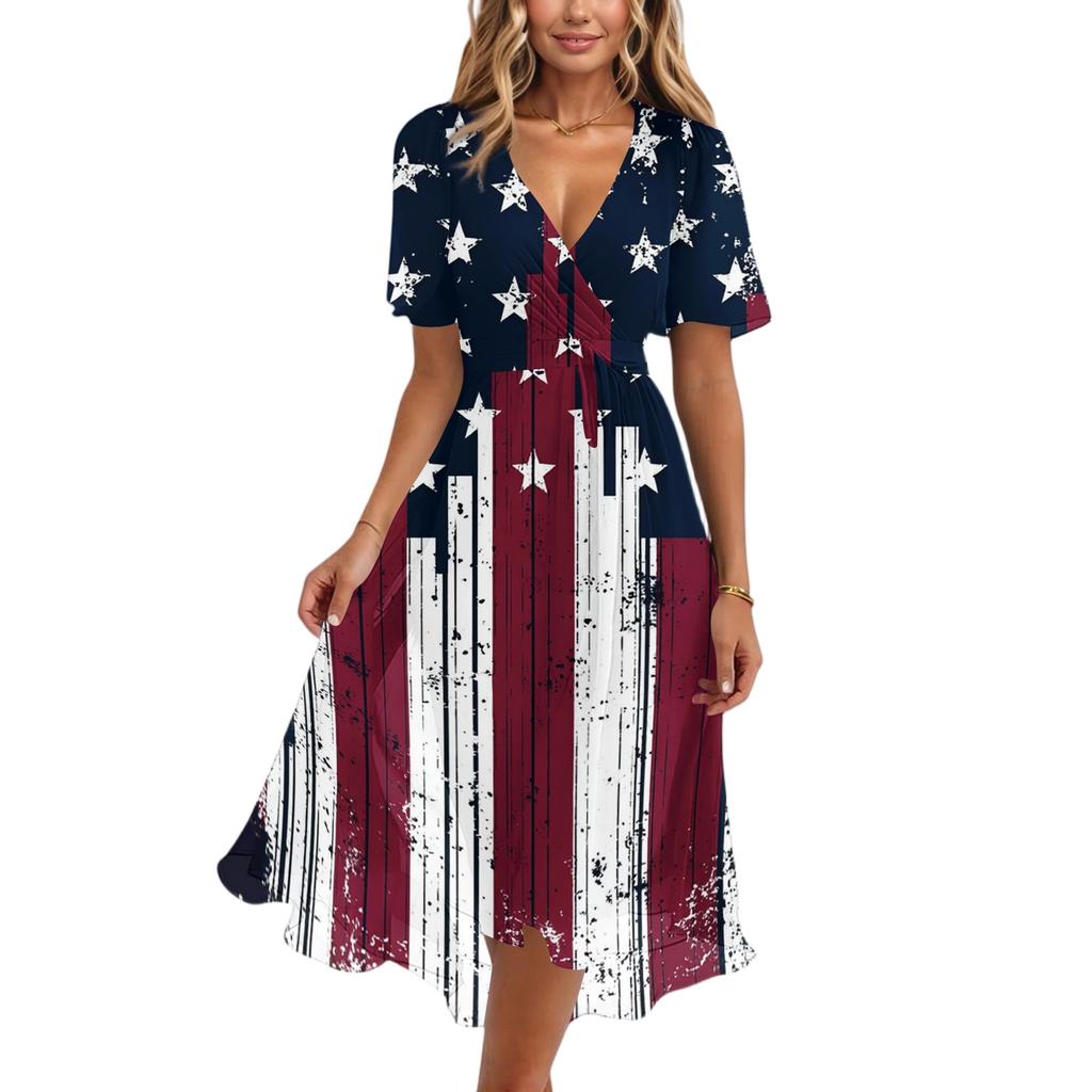 Women's Casual V Neck Short Sleeve Dress with Abstract Star and Stripe Print Midi Length Comfortable Fit for Everyday Wear