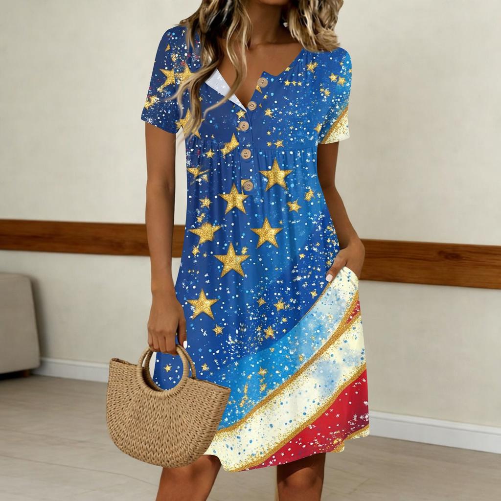 Womens Casual Button Front Dress Short Sleeve Round Neck Loose Fit Knee Length Dress with Star Print and Striped Pattern for Everyday Wear
