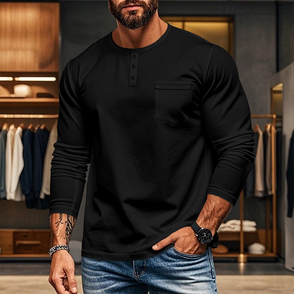 Men's Casual Long Sleeve Round Neck Button Down Shirt for Everyday Wear
