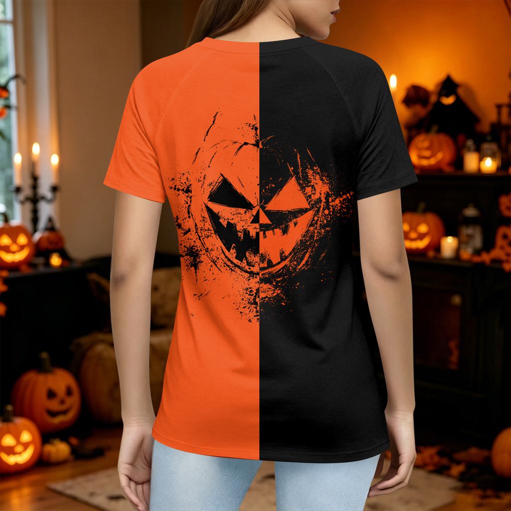 Women Casual Halloween Graphic T Shirt Short Sleeve Top Pumpkin Face Print Split Design Lightweight Comfortable Fit