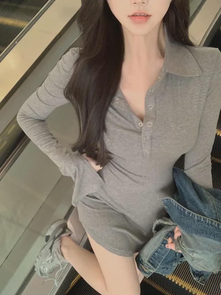 Women's Autumn Long Sleeve Polo Collar T-Shirt Dress - Sexy, Slim Fit Mini Skirt
