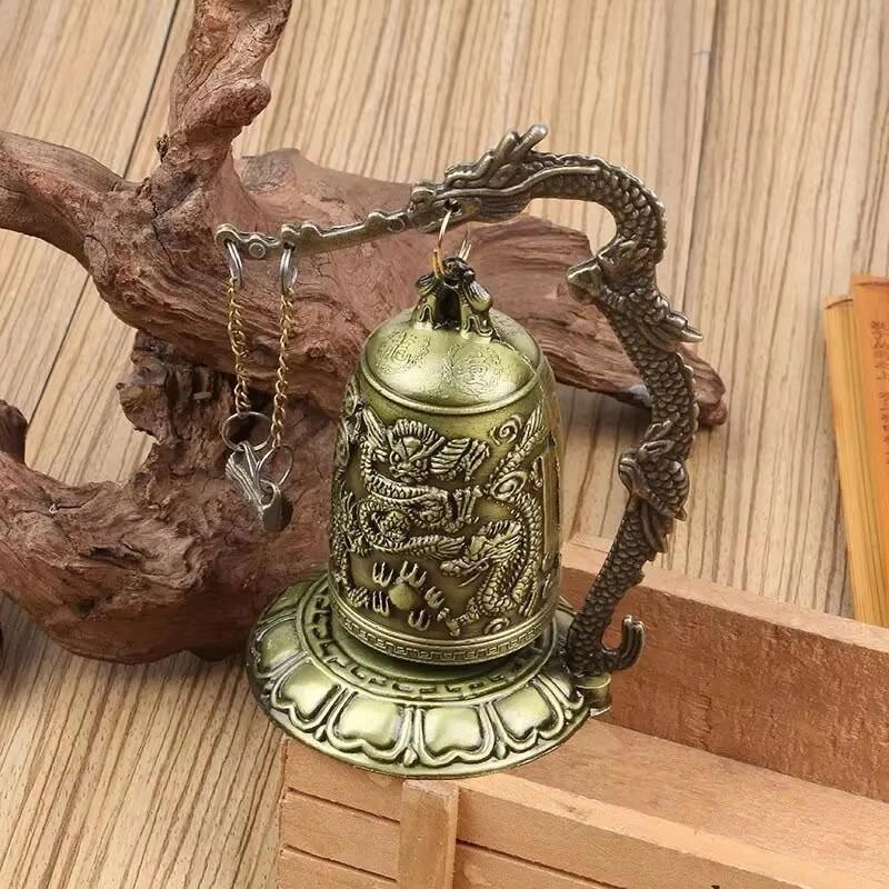 1Pc New Hot Selling Good Luck Feng Shui Ornament Home Decor Figurines Metal Bell Carved Dragon Buddhist Clock Home Decor Supply