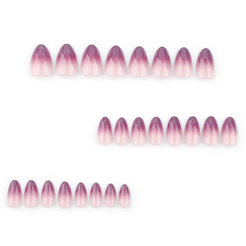 24 Pezzi Unghie Finte Press On French Tip Corte Gradiente Viola Scintillante Forma Mandorla Unghie Finte da Incollare sulle Unghie per Donne Regalo