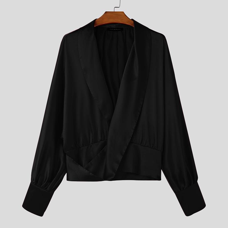 

INCERUN Мужские однотонные атласные рубашки с длинным рукавом и V-образным вырезом с оборками XL чёрный