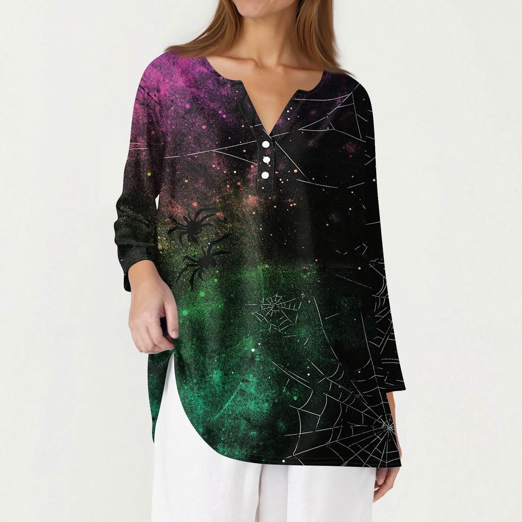 Dam Mode Casual T-shirt V-ringad Sjuärmad Tryckt Knapptopp