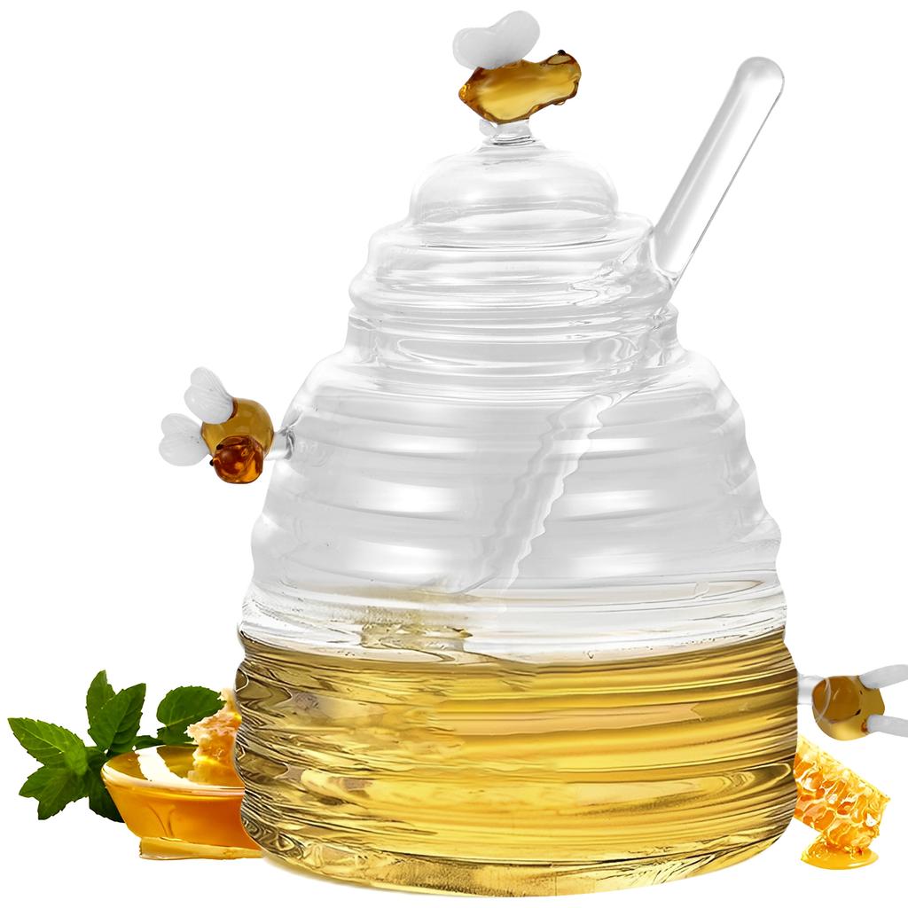 Honey Jar Clear Glass Honey Dispenser with Dipper Stick and Lid Large Capacity Honey Bottle Cute Decorative Honey Container