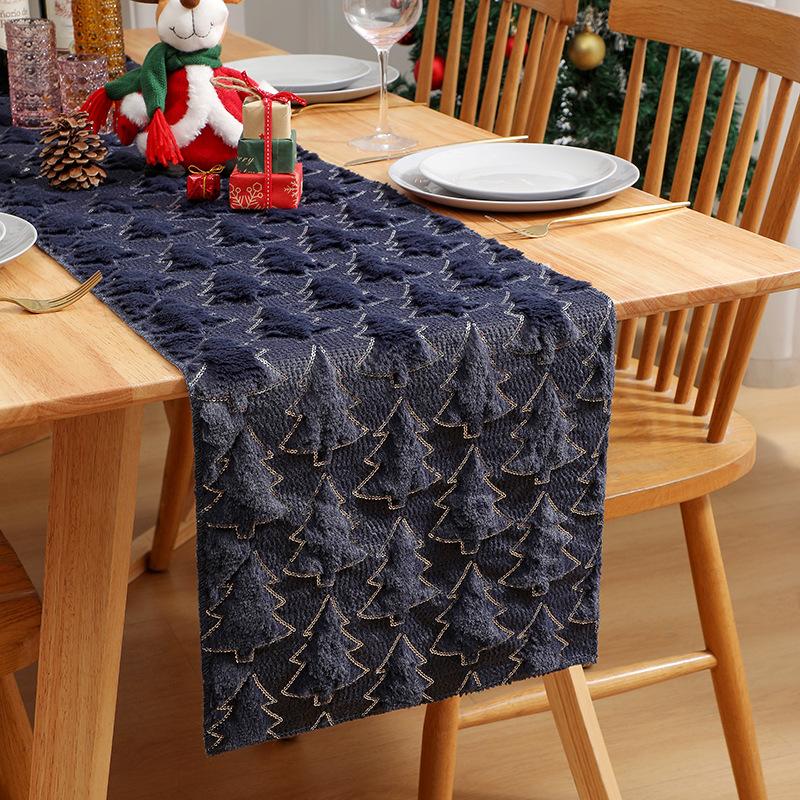 Christmas Tablerunner Rectangular Plush Faux Soft Trees Green Washable Seasonal Table Cover for Party Picnic Dinner Decor
