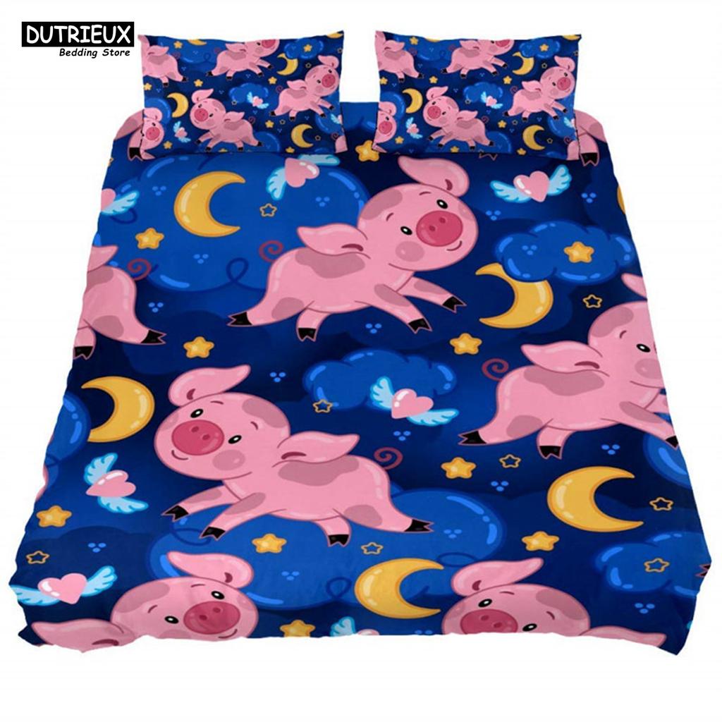 Cartoon Lovely Pig Duvet Cover Set Kawaii Animal Bedding Set King Microfiber Farmhouse Wildlife Theme Comforter Cover Pillowcase
