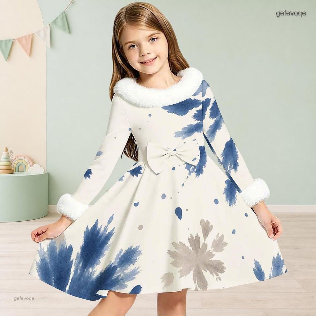 Little Girls Furry Collar Long Sleeve Printed A Line Flared Dress