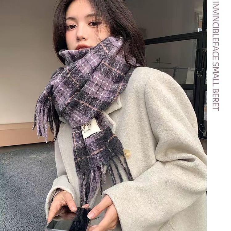 New Winter Korean Version Taro Purple High End Scarf Women's Versatile Plaid Shawl Soft Waxy Retro Warm Scarf Trendy