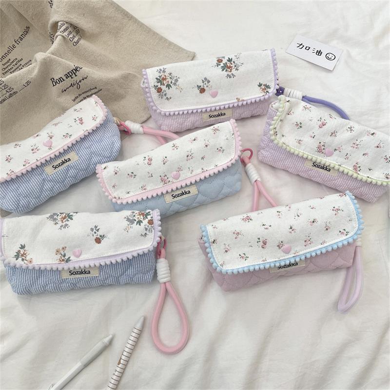 Sweet Floral Pencil Case With Lanyard Handbag Girly Cosmetic Bag Large Capacity Portable Storage Bag Student Stationery Bag Gift
