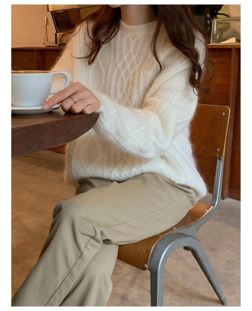 Women's Gentle Style Cashmere Round Neck Cardigan - Autumn Winter Twist Flower Knit Sweater