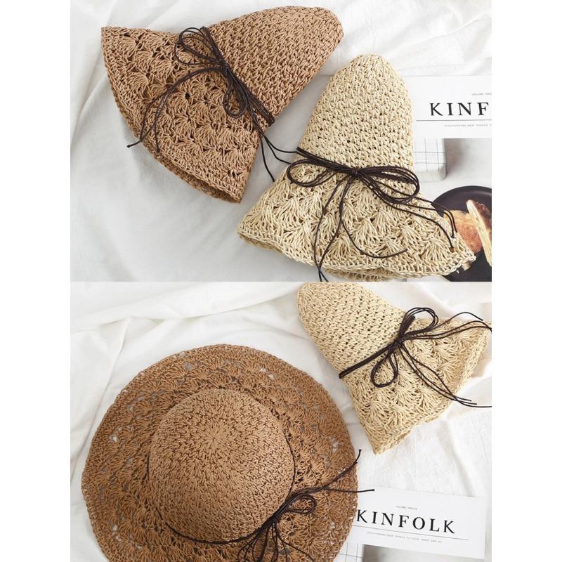Women's Handmade Straw Panama Hat Summer Fashion Bowknot Foldable Wide Brim Sunscreen Cap for Outdoor Beach UV Protection