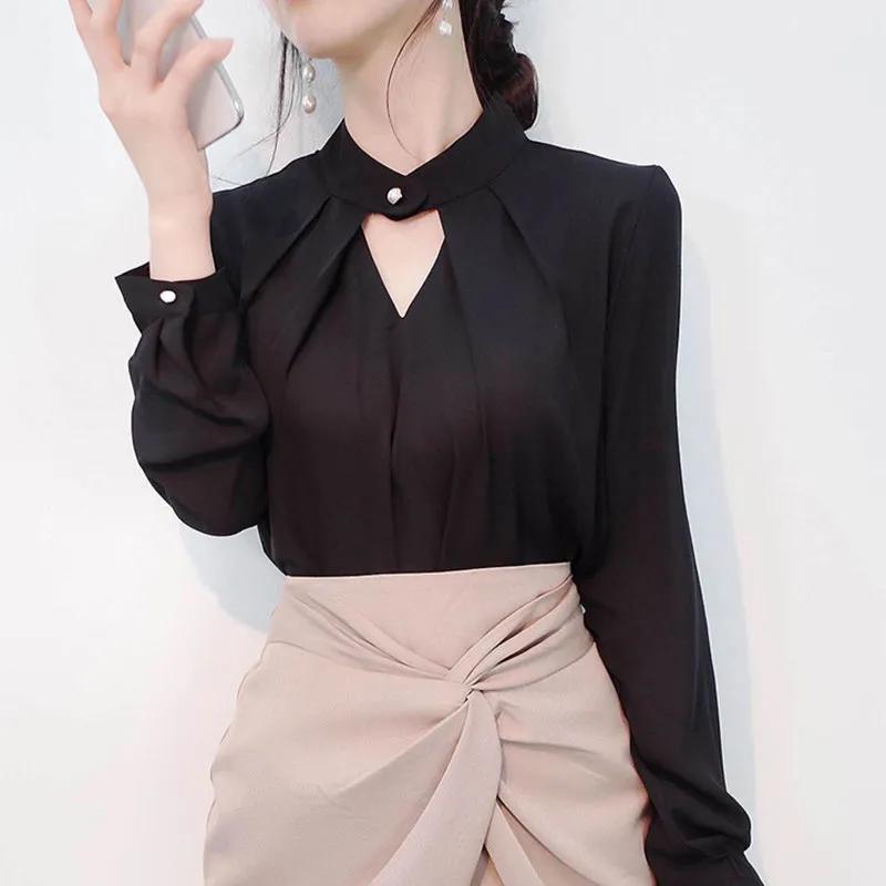 Spring Summer Women's Solid Blouses Chiffon Shirts Long Sleeve Slim Hollow Sexy Basic Tops Thin Chic Elegant Female Ins