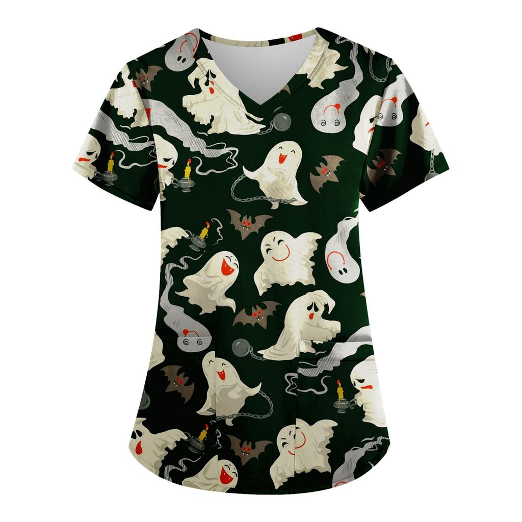 Women's Fashion V-neck Short Sleeve Workwear With Pockets Halloween Printed Tops