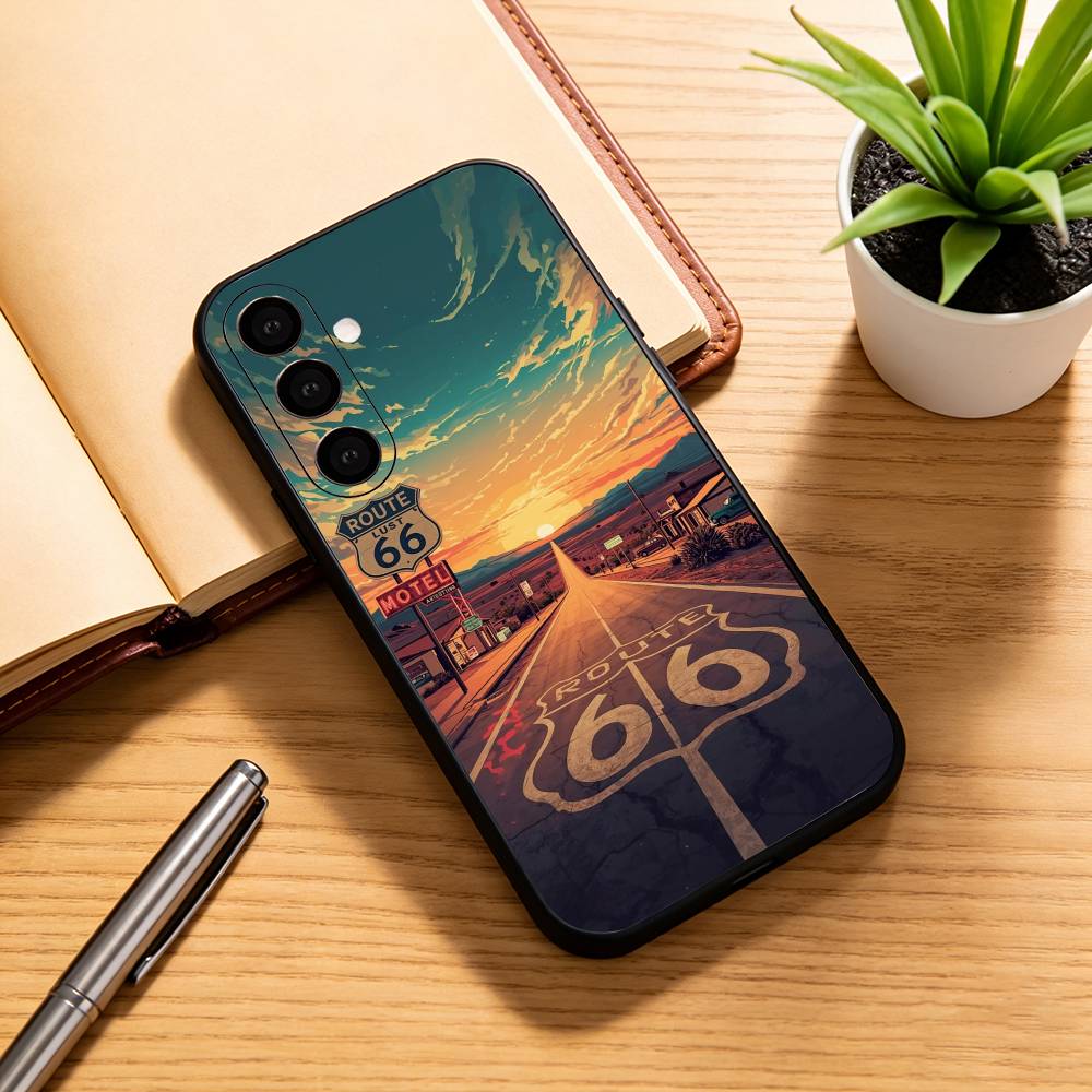 

A-American R-Route 66 Phone Case Black Silicone Soft For Samsung Galaxy A73,A72,A71,A70,A53,A52,A51 Samsung a42 5g
