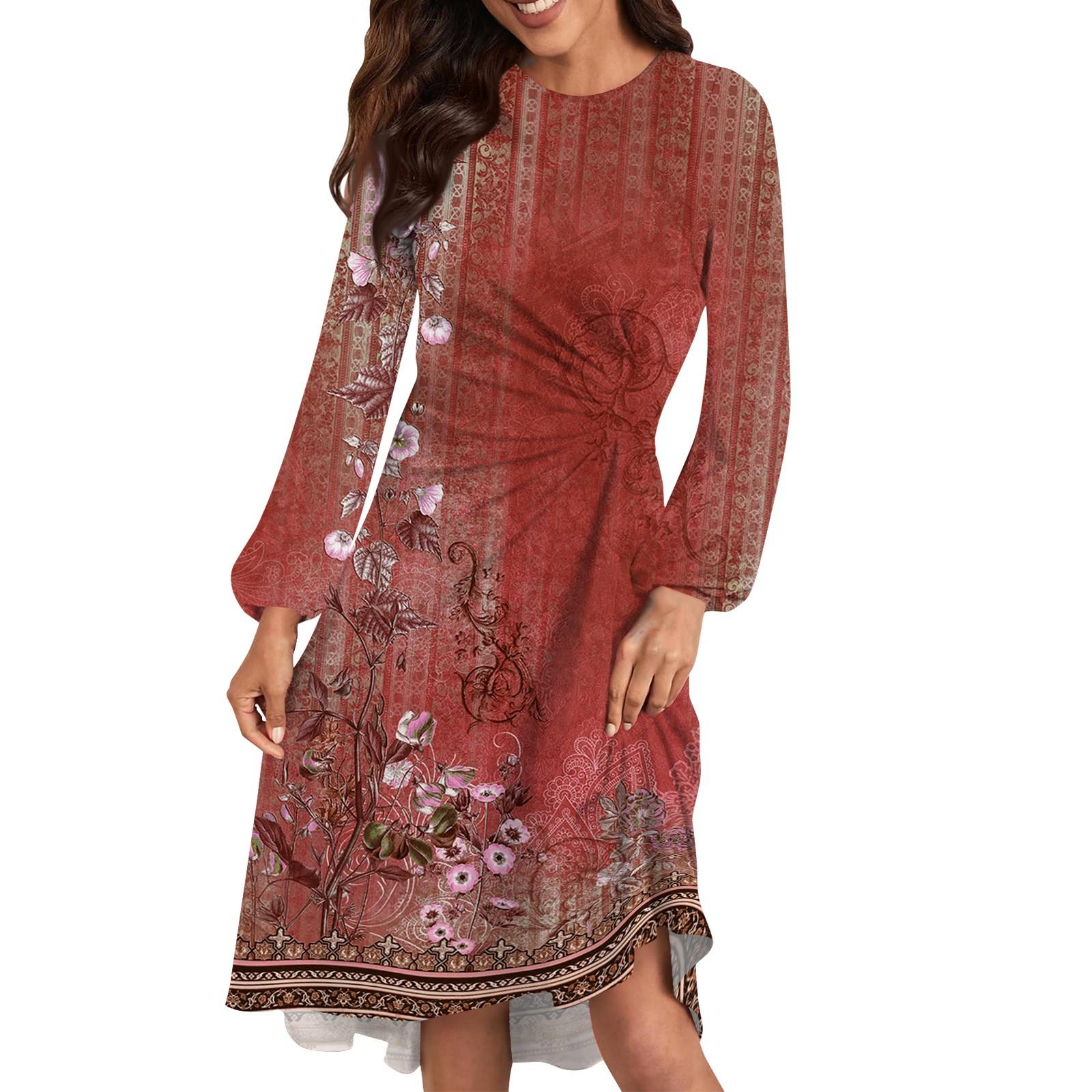 

Женское повседневное платье с круглым вырезом и длинными рукавами, свободное плиссированное платье на талии XL винный