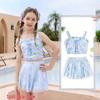New Girls' Lace Round Neck Swimsuit with Shorts - Comfortable, Sweet Beachwear