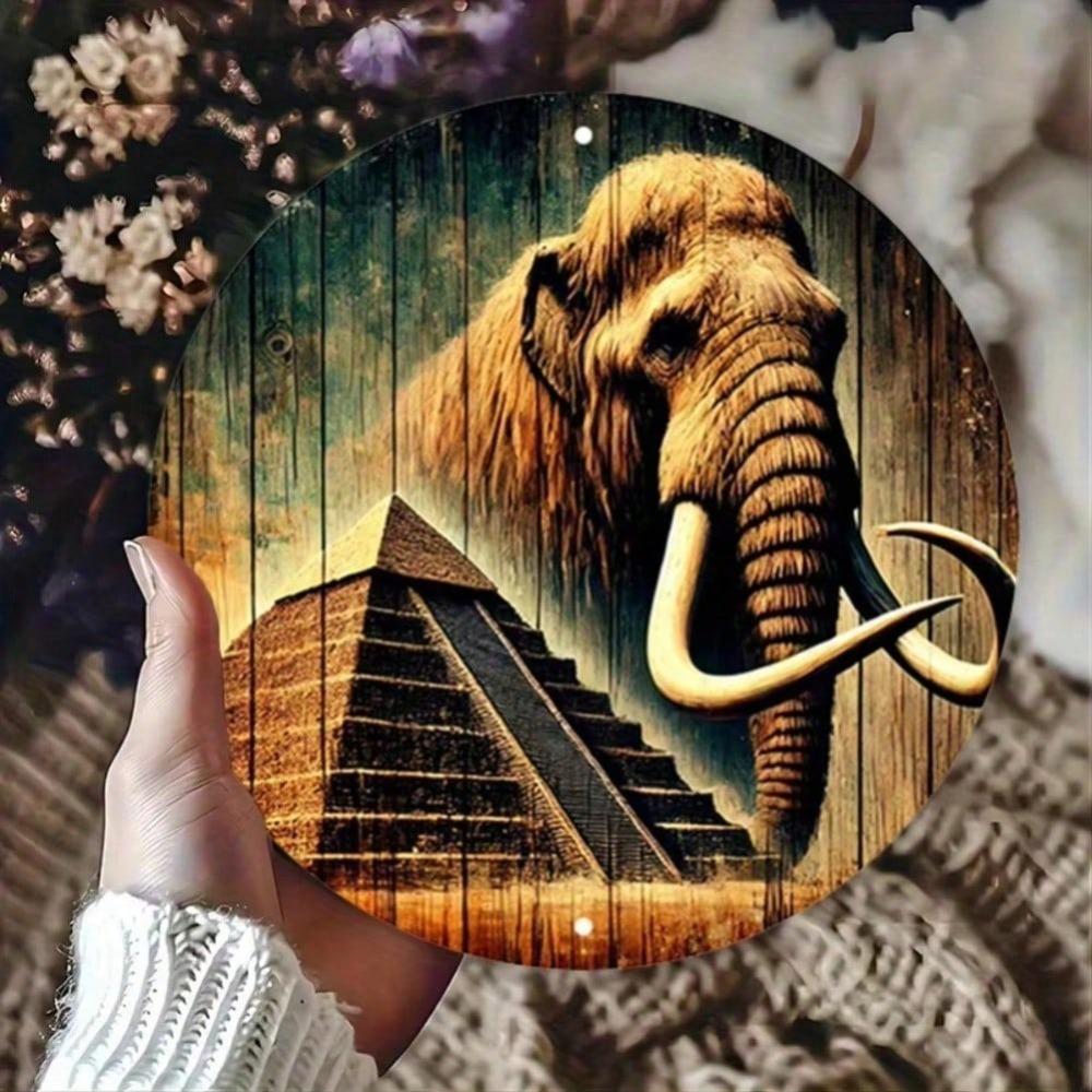 Round Aluminum Metal Wall Art, 2D Printed Vintage Elephant Egyptian Pyramids Home Decor for Garage Living Room