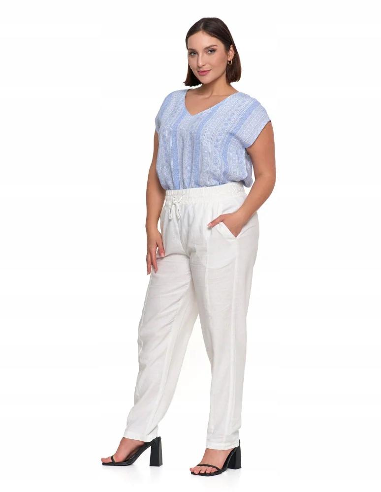 Women's Linen Trousers with Elastic Waistband, Elegant, Straight Leg, MORAJ M WHITE