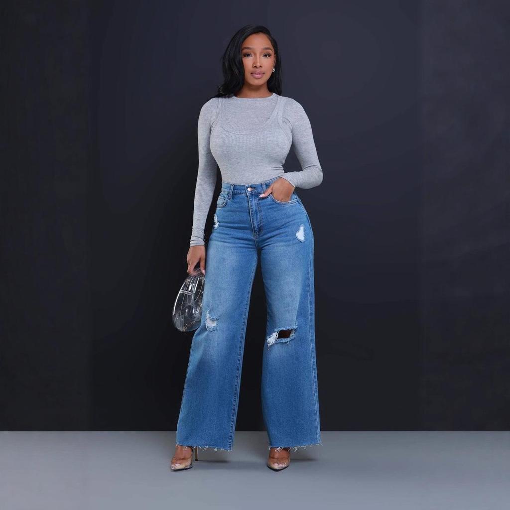 2025 Summer High Waist Ripped Jeans: Women's European & American Street Style, Loose Straight Wide-Leg Pants
