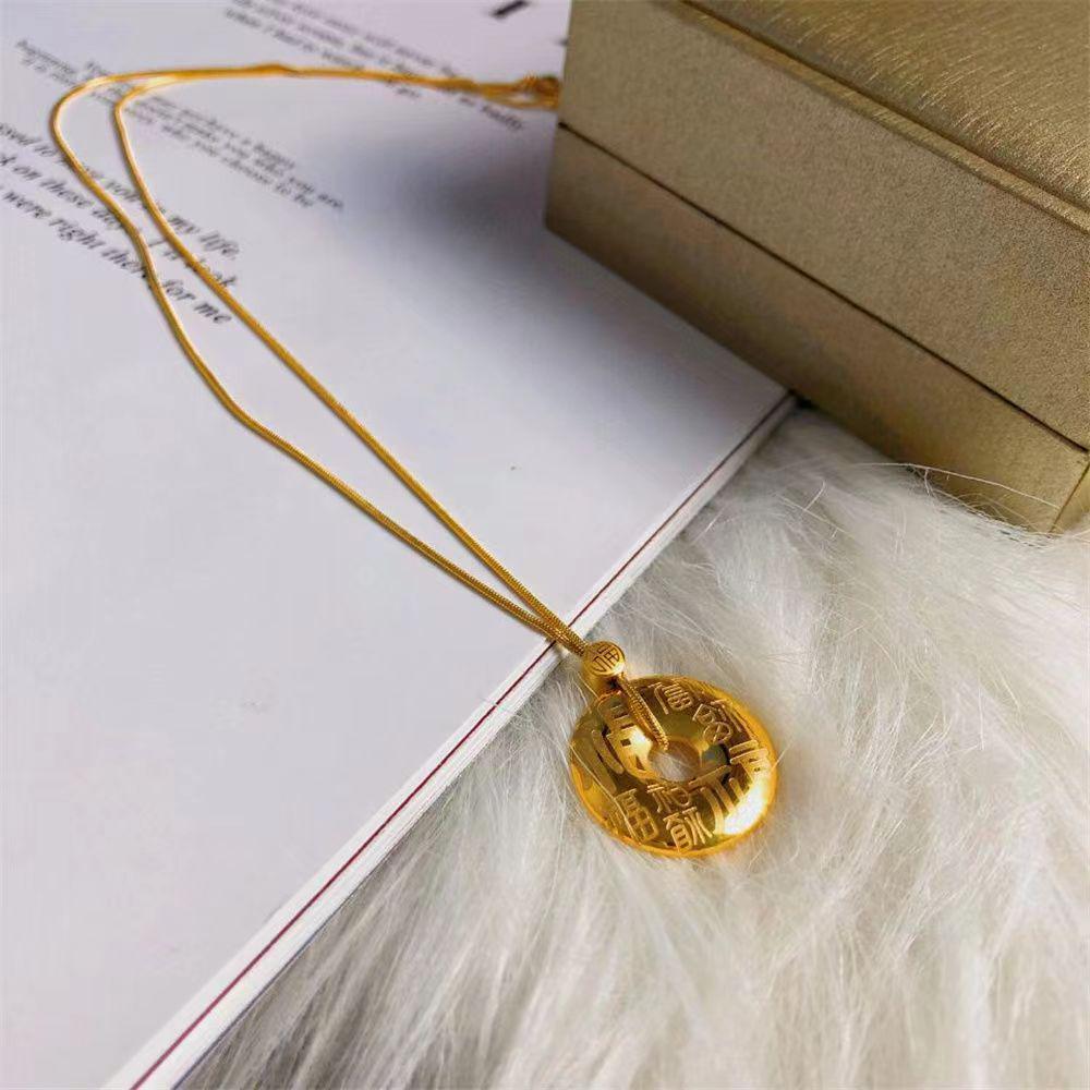Gold-Plated Hundred Blessings Pendant Necklace - Lucky Bead & Safety Buckle Retro Chinese Style