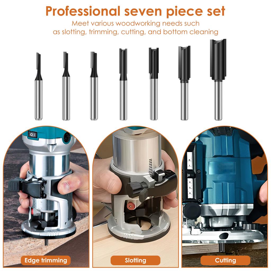 7Pcs Straight Router Bit Set 1/4 Shank Double Flute for Woodworking Grooving Edge Trimming Clean Milling Cutting