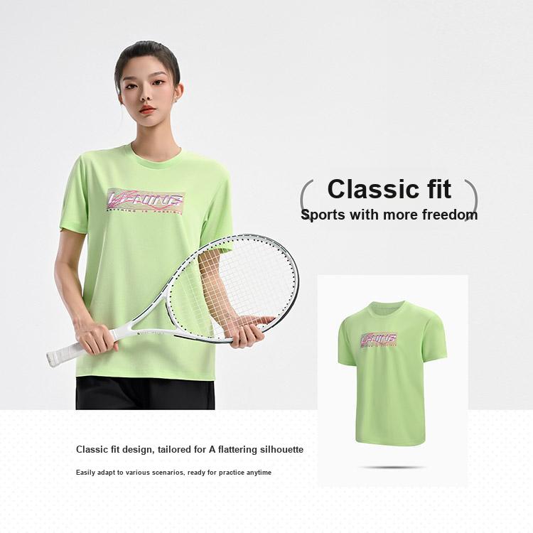 Li Ning Badminton Series Creative Logo Classic Breathable Vitality Fashion Casual Daily Sports Short Sleeve T-Shirt Unisex Tops Sky-Green ATSV627-3