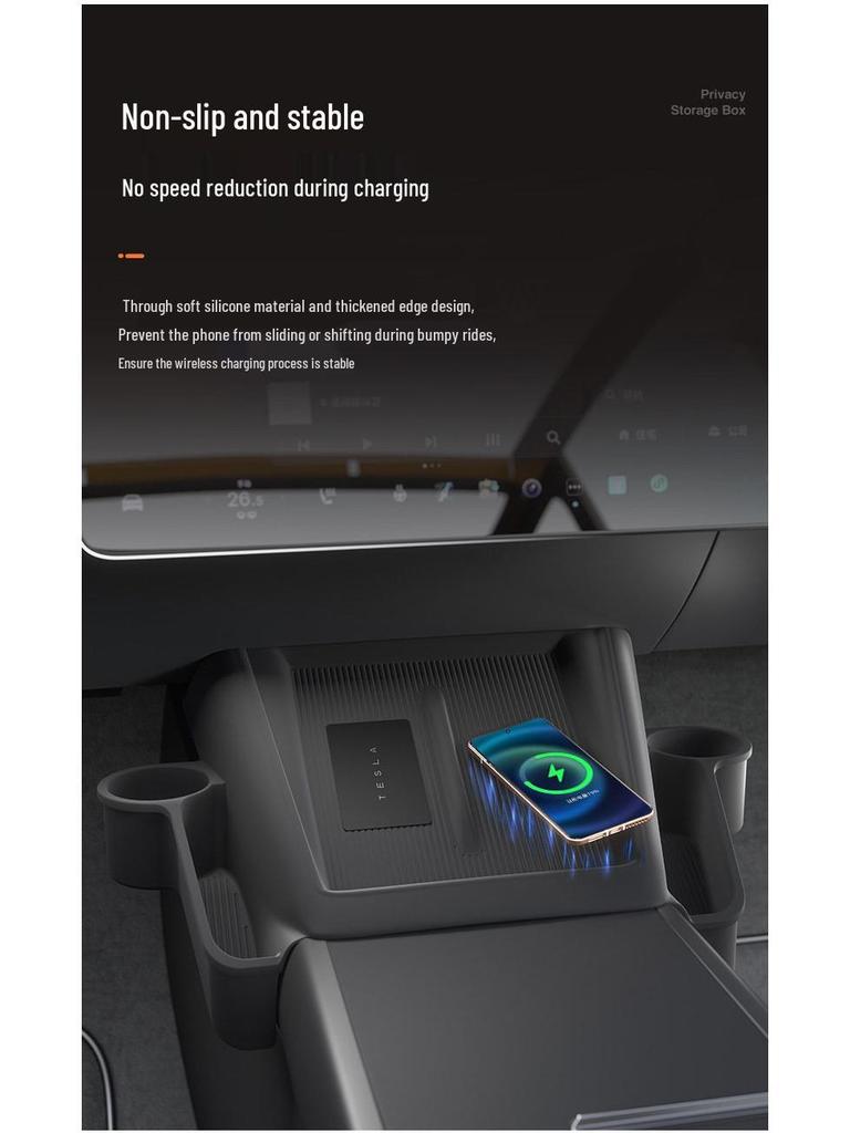 Tesla Wireless Charging Storage Pocket: Dustproof, Wear-resistant, Non-slip, Noiseless, with Dual Cup Holders.