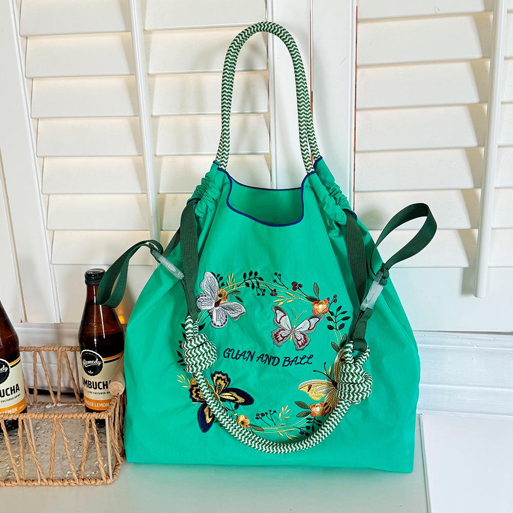 Japanese Style Handmade Waterproof Nylon Canvas Bag with Embroidered Patterns, Large Capacity