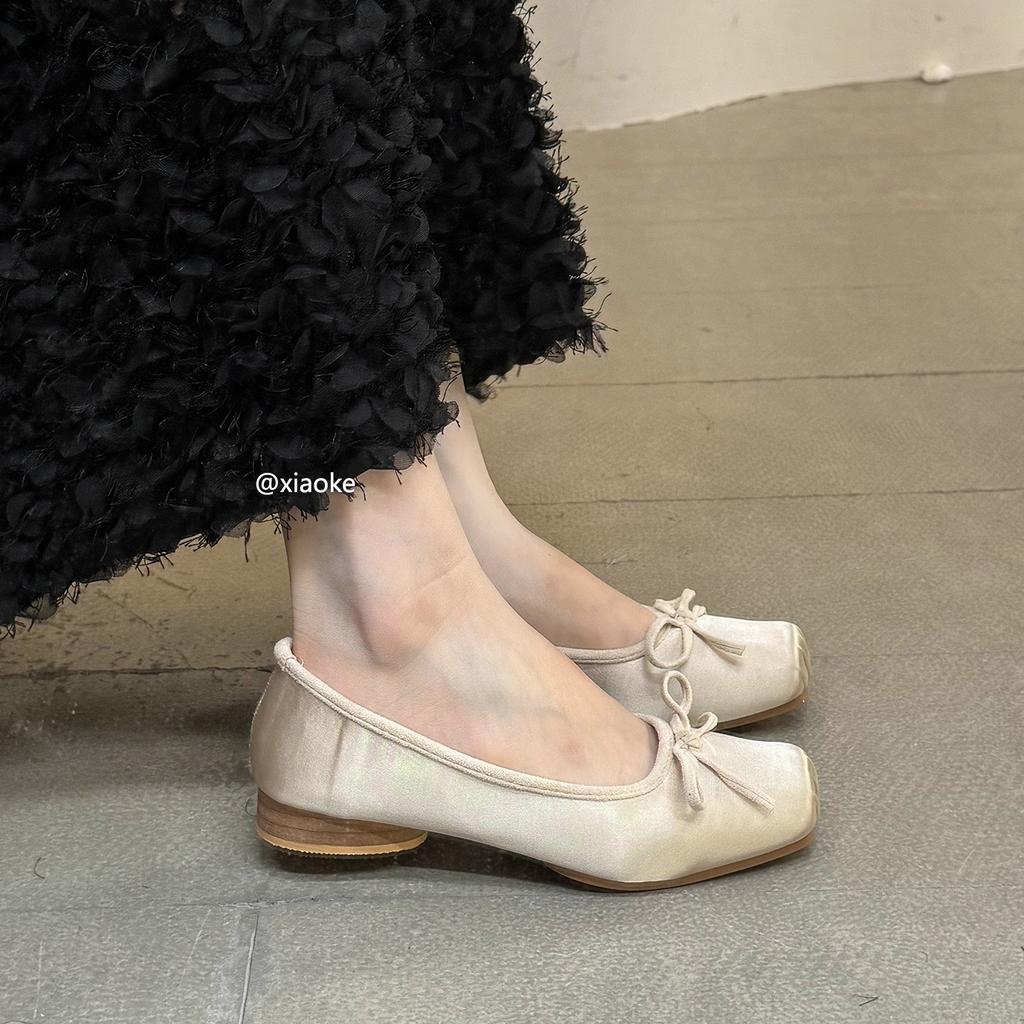Low-heeled thick-heeled ballet shoes for women's outer wear retro square head 2025 spring and autumn new French flat-bottomed pig nose single shoes