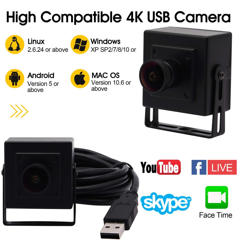Cameră ELP Cameră web USB 4K Mini cameră cu unghi larg 170 de grade Obiectiv Fisheye Cameră web Full HD 2160P 30FPS Cameră Sony și driver Distribuție video Acasă