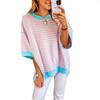 Women's Striped Oversized Top with Contrast Trim, Baggy Half Sleeve Crew Neck Tee for Casual Wear