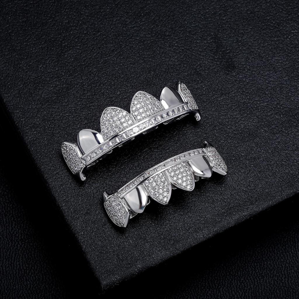 Europäische & Amerikanische Hip Hop Reißzahn-Zahnspangen mit Diamant-Inlay, Gemischtes Oberflächen-Design, Kupfer & Zirkon.