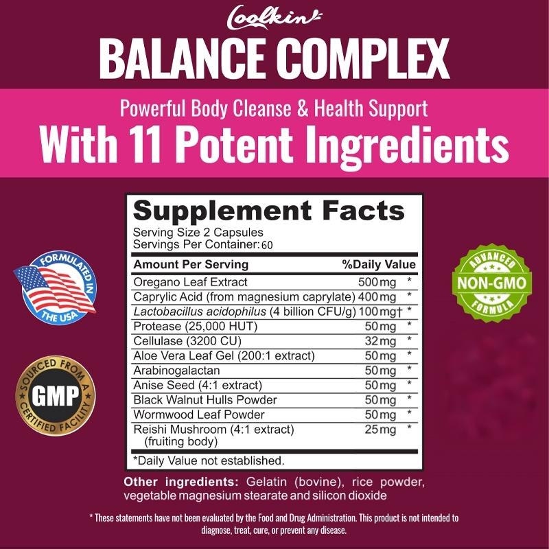Coolkin Complex Capsules, containing oregano, aloe vera extract, probiotics, and digestive enzymes, suitable for adults.