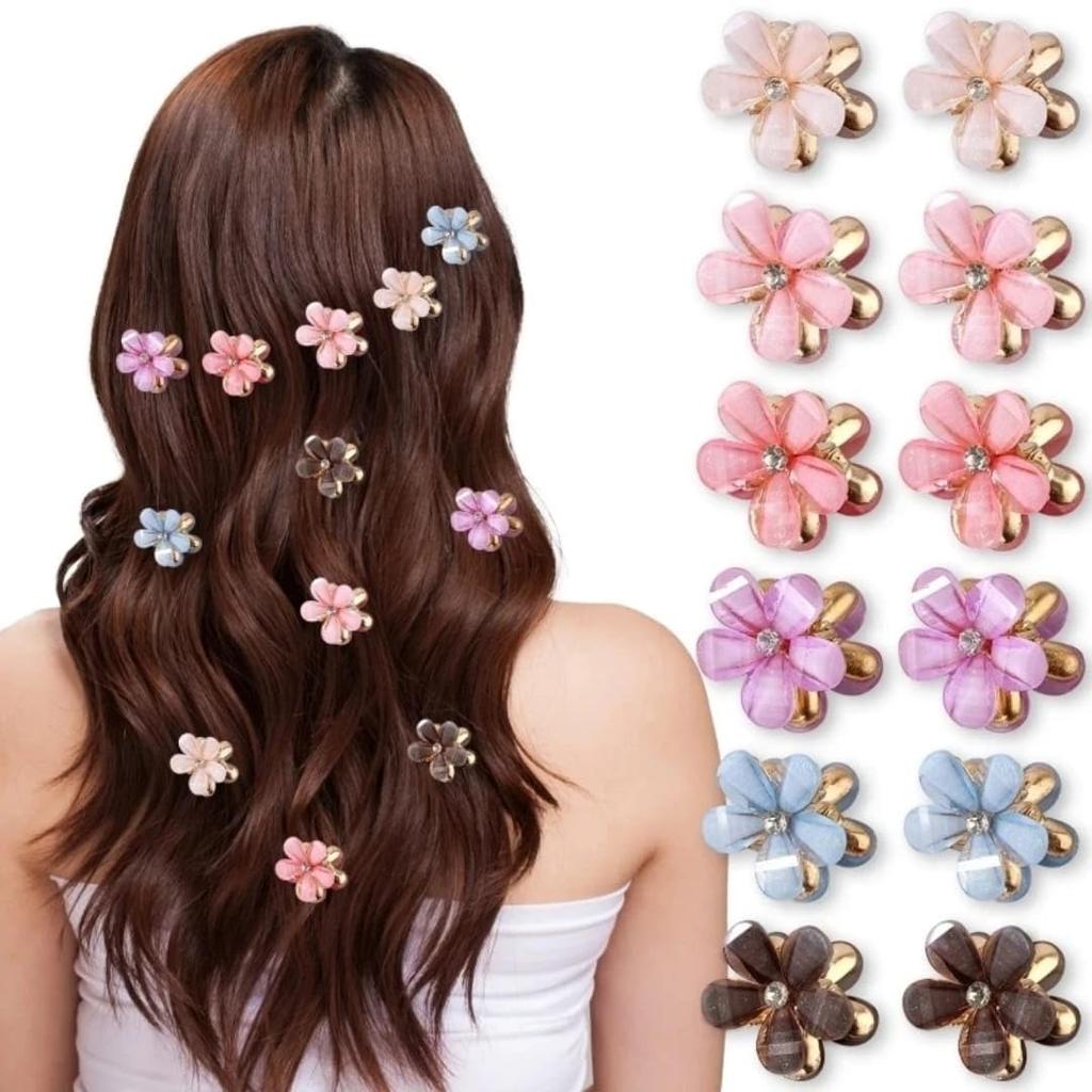 GEOCARTER Girls Double Side Mini Flower Decorative Hair Barrettes Korean clips For Hair Decoration (Pack of 12 mini Rhimestones)