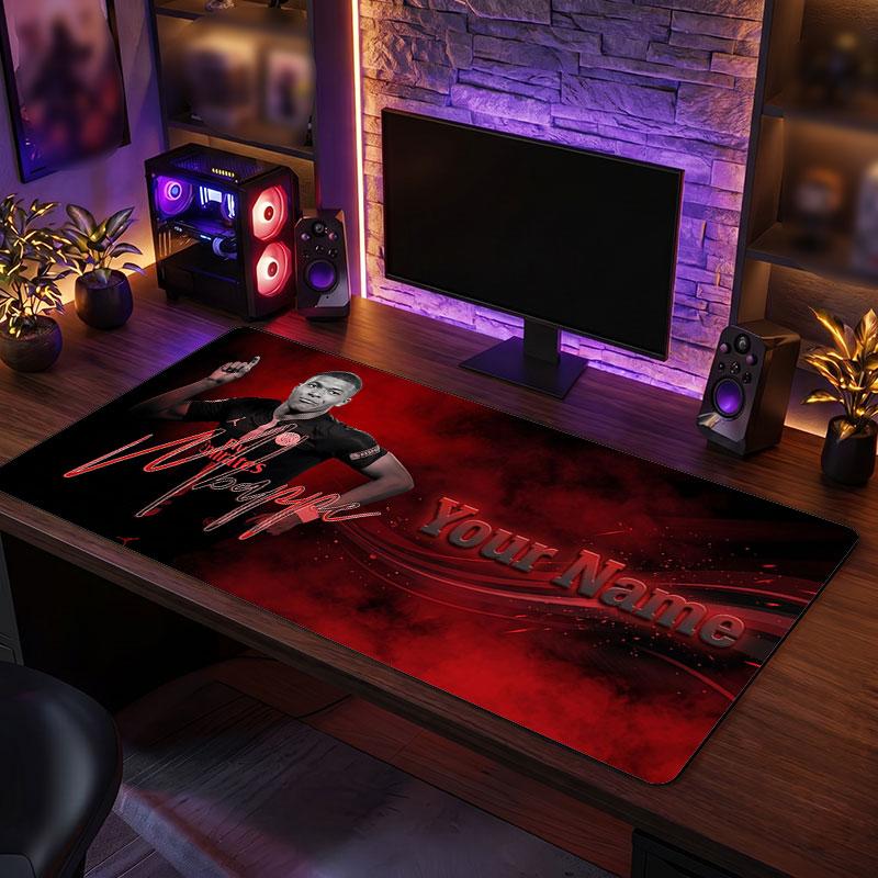 Tappetino per Mouse Grande Personalizzato Kylian Mbappe, Stampa Testo Nome Personalizzato, Tappetino da Scrivania Antiscivolo con Logo Calcio, Regalo per Gamer