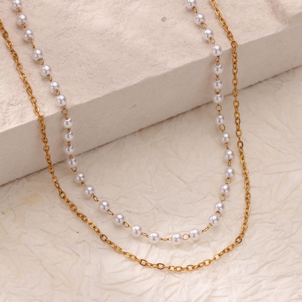 Mehrlagige Imitationsperlenkette für Damen Doppellagige Edelstahl Goldfarbene Schlüsselbeinkette Modeschmuck Geschenk