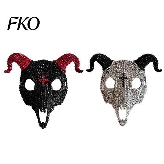 Light Luxury Skull Mask Halloween Rhinestone Full Face Mask, Black White Ram Horn Crystal Studded Masquerade Sparkly Glitter Party for Adults