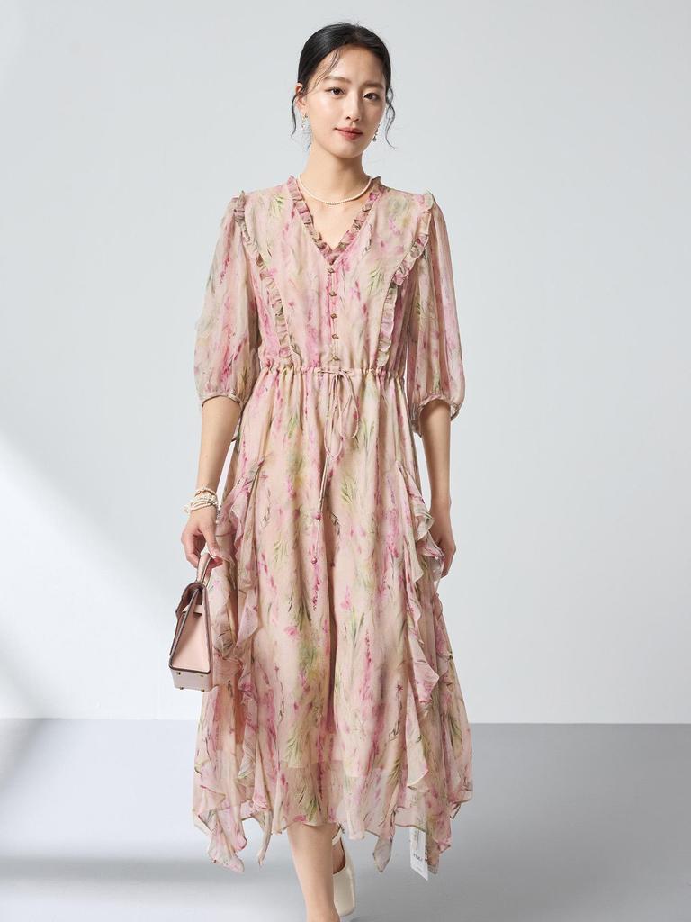 Ethereal Floral Print Dress in 100% Mulberry Silk with Ruffles - Spring Tea Break Collection
