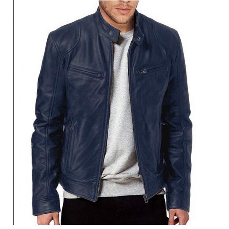 

European Style Motorcycle Multi-Pocket PU Leather Jacket with Stand Collar and Zipper M