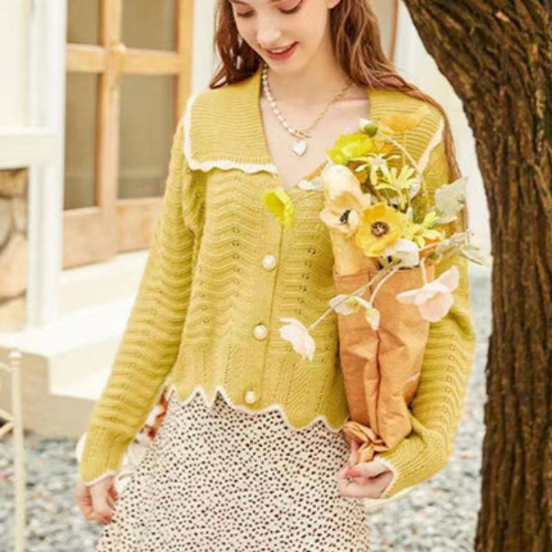 Doll collar knitted cardigan women's spring clothing new hollow thin sweater jacket thin top