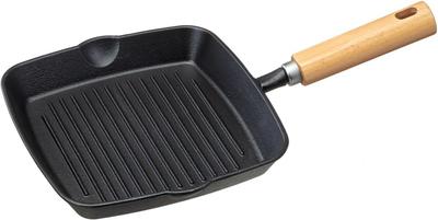 Gusseisen Grillpfanne, Outdoor, Wellen- und Quadratmuster, Holzgriff, Induktionsgeeignet, 4564