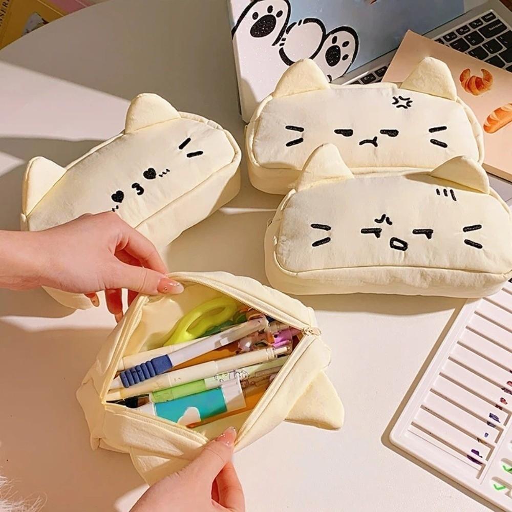 Funny Stationery Storage Bag Kawaii Kitty Stationer Bag Embroidered Cat Pencil Case Student Use