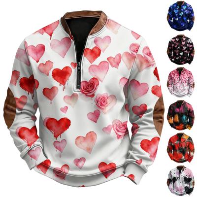 Sweat à capuche décontracté pour homme, tendance, rétro, imprimé cœur américain, col rond, manches longues, demi-pull