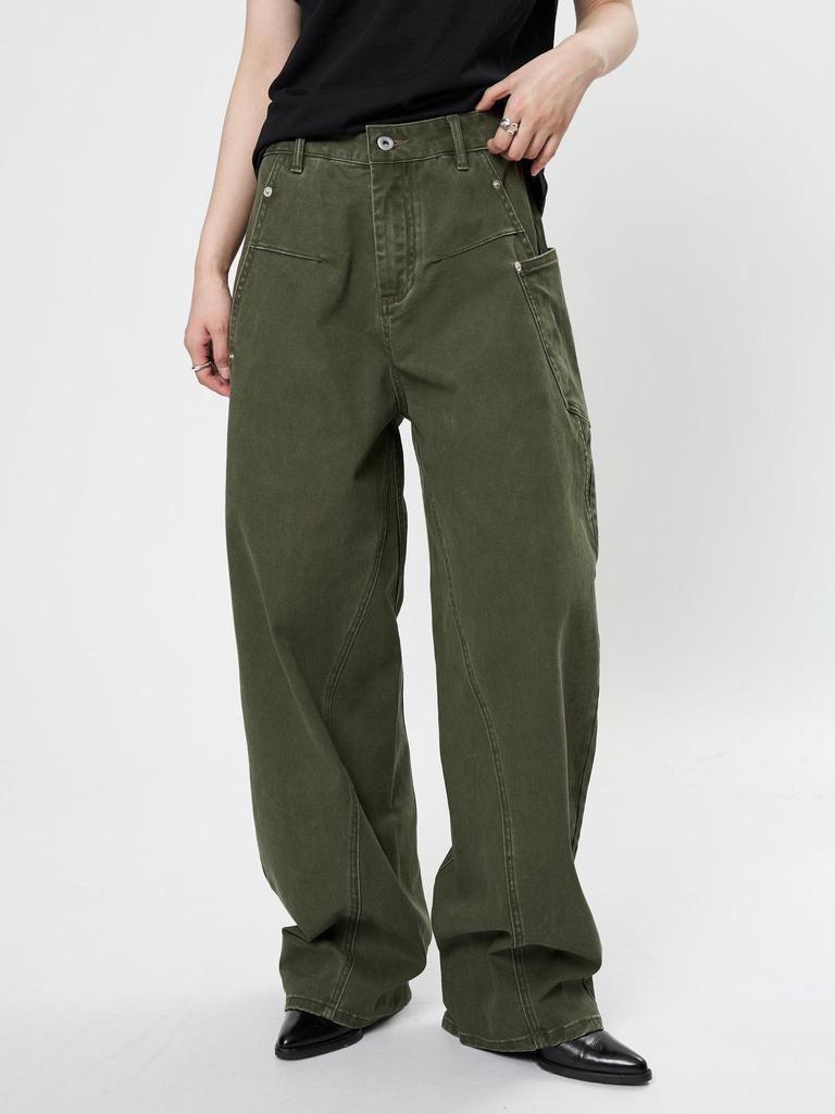Louvre Spring Retro Low-Waist Loose-Fit Slim Green Women's Overalls