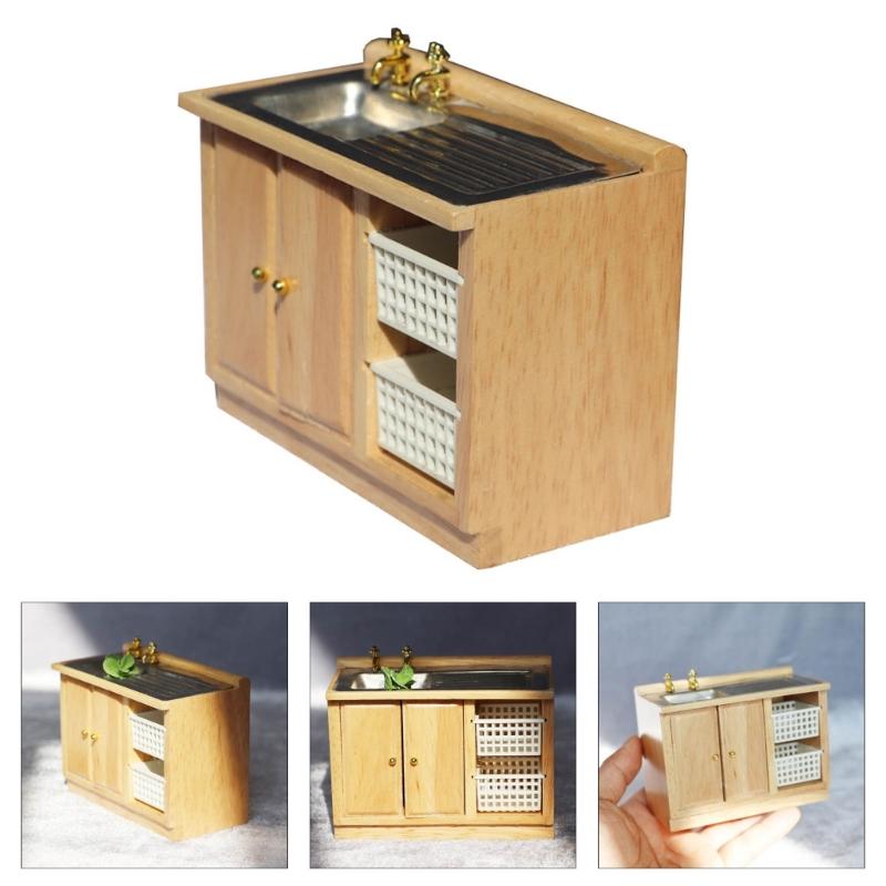 1/12 Scale Miniature Kitchen Sink Cabinet for Toy House Bathroom Decors Vintage Styles Collectible Toy House Models
