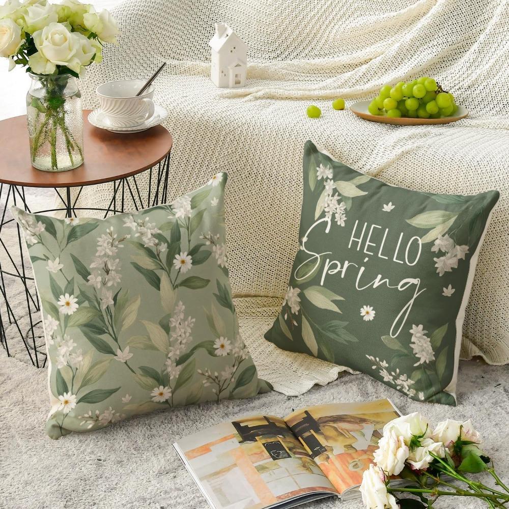4pcs Hello Spring White Daisy Throw Pillow Covers Bloom with Grace Clove Flowers Green Cushion Case Decoration for Sofa Couch