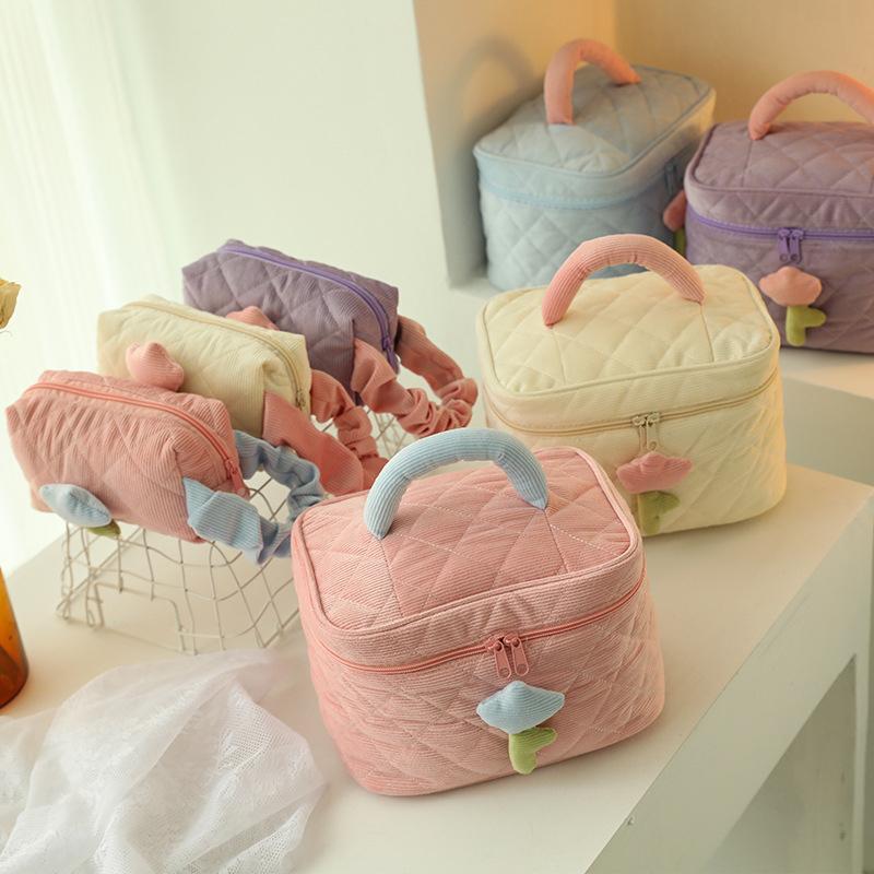 *Cute Corduroy Makeup Storage Bag Portable Travel Cosmetic Tulip Pouch Toiletry Organizer Large Capacity Flower Pattern Bags