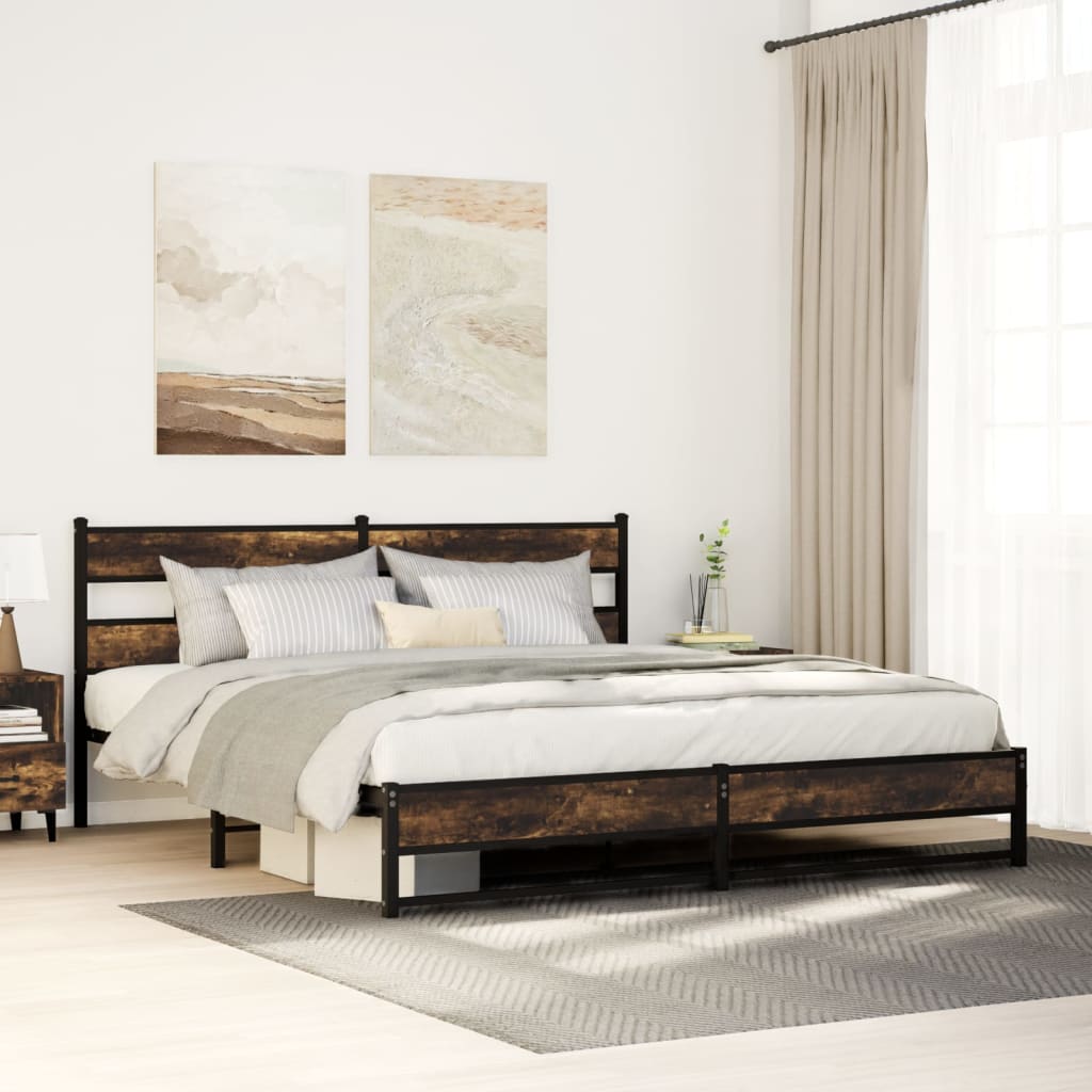 Metal Bed Frame Without Mattress Smoked Oak Finish 180 X 200 Cm